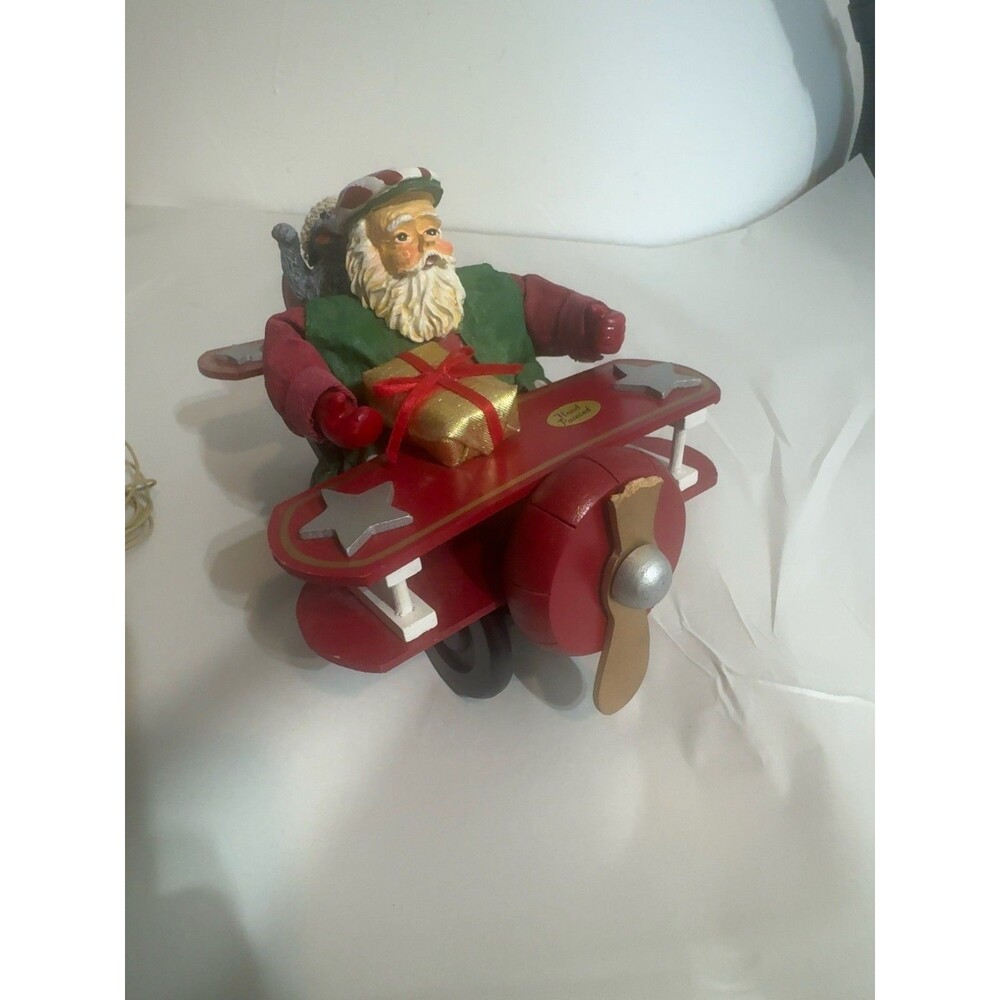 Vintage Hand Painted Santa Airplane Wooden Biplane Dog Christmas Decor Folk Art